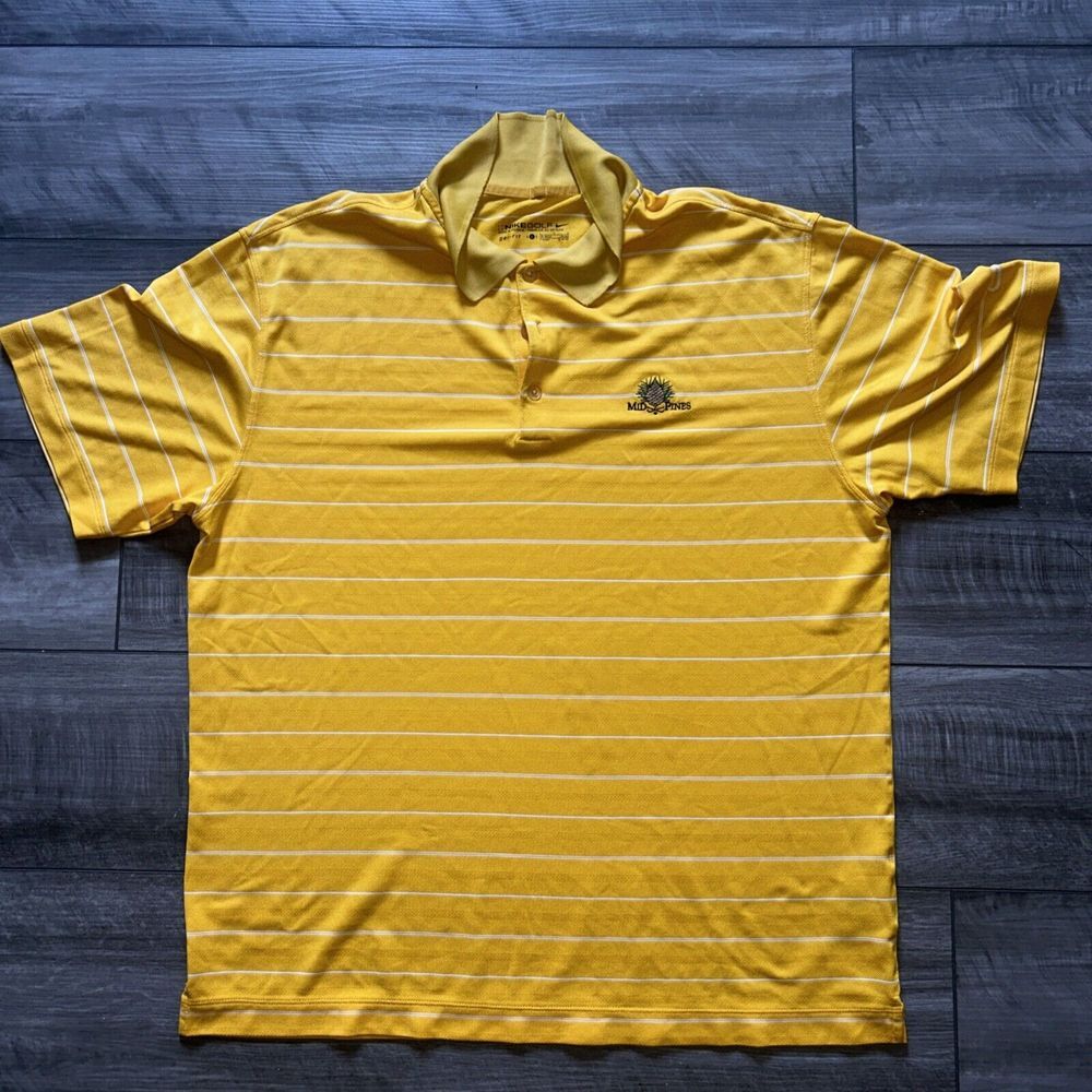 Nike Golf Dri Fit Shirt Mens Large Mid Pines Yellow Polo Shirt‎ Striped